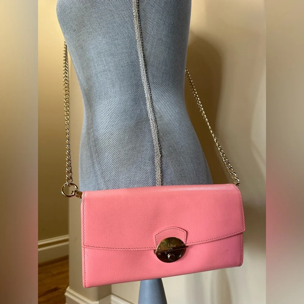 Christian Dior Pink Leather Clasp Front Long Wallet w/unbranded chain
